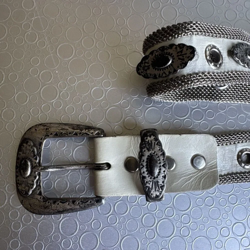 Vintage Boho Western Mesh Chain Concho Belt White Leather Inlay Ornate Y2K